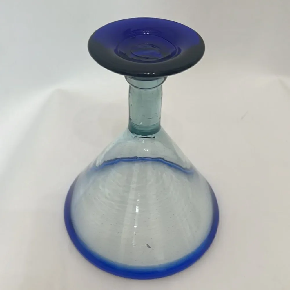 Blue Margarita Glass Hand Blown 4 Cups 6 1/2 In Round 7 3/4 Tall